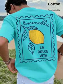 夏季百搭檸檬印花圓領短袖湖綠色T卹，100%純棉男女同款，適合休閒約會及節慶送禮 - 湖綠色 - 查看 4