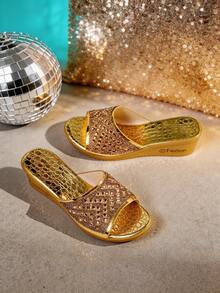 1 Pair Women's Gold Glitter Rhinestone Slip On Wedge Slides, Open Toe Platform Summer Slippers For Casual And Outdoor - Gold - View 6