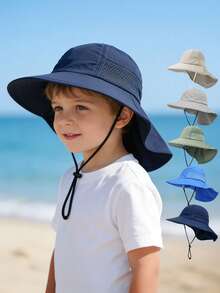 1 chiếc mũ chống nắng ngoài trời cho trẻ em kèm bảo vệ cổ, mũ tai bèo rộng vành chống tia UV, kiểu dáng unisex. - màu đặc - Xem 3