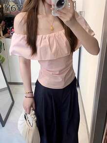 [Y6Y] Áo thun nữ màu hồng trễ vai tay lửng, áo croptop hở vai viền bèo nhún, thích hợp phối cùng quần jeans tối màu mùa hè - Hồng - Xem 2