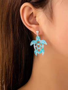 1 par de pendientes de verano de acrílico para mujer - Pendientes colgantes de tortuga marina de estilo de vacaciones en la playa - Pendientes de tortuga azul - Ver 1