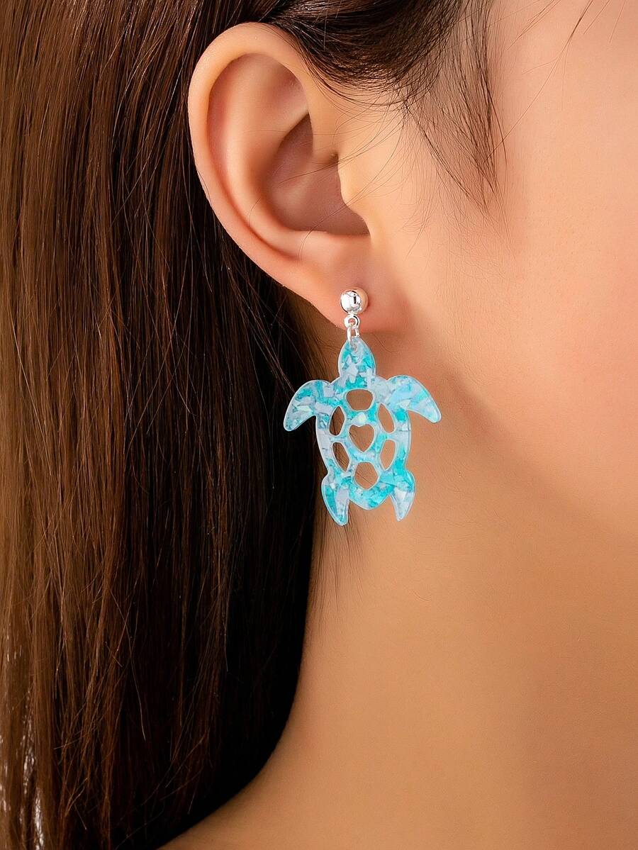 1 par de pendientes de verano de acrílico para mujer - Pendientes colgantes de tortuga marina de estilo de vacaciones en la playa - Pendientes de tortuga azul - Ver 1