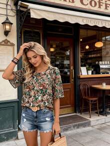 Plus Size Women Paisley Print Round Neck Short Sleeve Casual Loose Blouse, Elegant Travel & Holiday Style, Spring/Summer - Dark Green - View 4