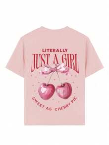 女童休闲趣味印花圆领短袖T恤，夏季上衣 - 粉色 - 查看 7