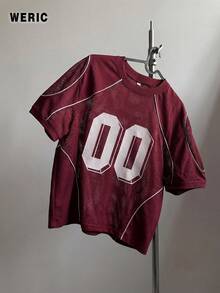 Men's Fashion Sports Mesh Patchwork Burgundy Short Sleeve 0 Digit Minimalist Print Split T-Shirt, Suitable For Spring/Summer Casual Daily Wear, Street Boyfriend Gift - Burgundy - View 1