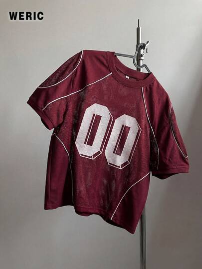 Men's Fashion Sports Mesh Patchwork Burgundy Short Sleeve 0 Digit Minimalist Print Split T-Shirt, Suitable For Spring/Summer Casual Daily Wear, Street Boyfriend Gift
