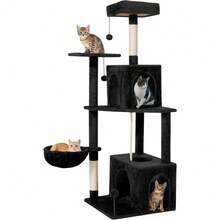 Cat Tree 54-Inch Cat Tower With Padded Plush Perch 2 Comfy Caves, Scratching Posts, Basket, 2 Pompoms, Multi-Level Plush Cat Condo For Indoor Cats Kittens, Black - Black - View 7