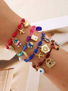 1件波西米亚风创意时尚优雅奢华铜镶嵌合成锆石地球、瓢虫、草莓、蜜蜂、邪眼编织手链，适合女性、姐妹、情侣、毕业礼物、日常佩戴、派对、节日、度假，尺寸可调节 - 彩色的 - 查看 5
