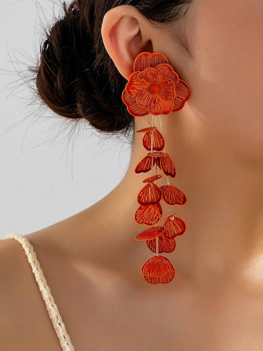 一对波西米亚风复古优雅镂空花朵设计长耳环，适合派对、宴会和日常佩戴 - 橘色 - 查看 1