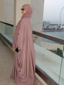 Women's Elegant Islamic Clothing Embroidered Pattern Robe, Loose Fit Long Sleeve Pink Arabic Abaya - Pink - View 3