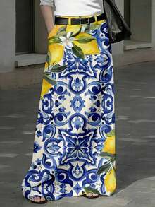 Lemon And Blue Tile Pattern Maxi Skirt Women Long Flowy Summer Skirt With Floral And Citrus Design For Beach Vacation And Casual Outfits No Belt 250g - 彩色 - 查看 1