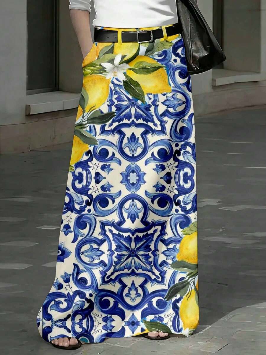 Lemon And Blue Tile Pattern Maxi Skirt Women Long Flowy Summer Skirt With Floral And Citrus Design For Beach Vacation And Casual Outfits No Belt 250g - 彩色 - 查看 1