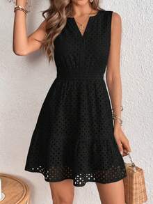 PRETTYGARDEN Women's Summer Dress Sleeveless V Neck Eyelet Cutout Swinging A-Line Flowy City Walks Wedding Guest Graduation Beach Vacation Sun Dress - 黑色 - 查看 4