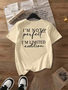 Áo thun nữ in họa tiết phiên bản giới hạn | "Tôi không hoàn hảo", áo tay ngắn cổ tròn kiểu dáng thường ngày, thời trang cho mùa xuân/hè. - Màu be - Xem 3