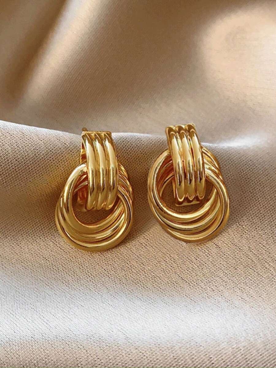 1 par de pendientes de aro doble de diseño de nudo de aleación con tono dorado, pendientes colgantes únicos, regalo de aniversario para la esposa - Dorado - Ver 1