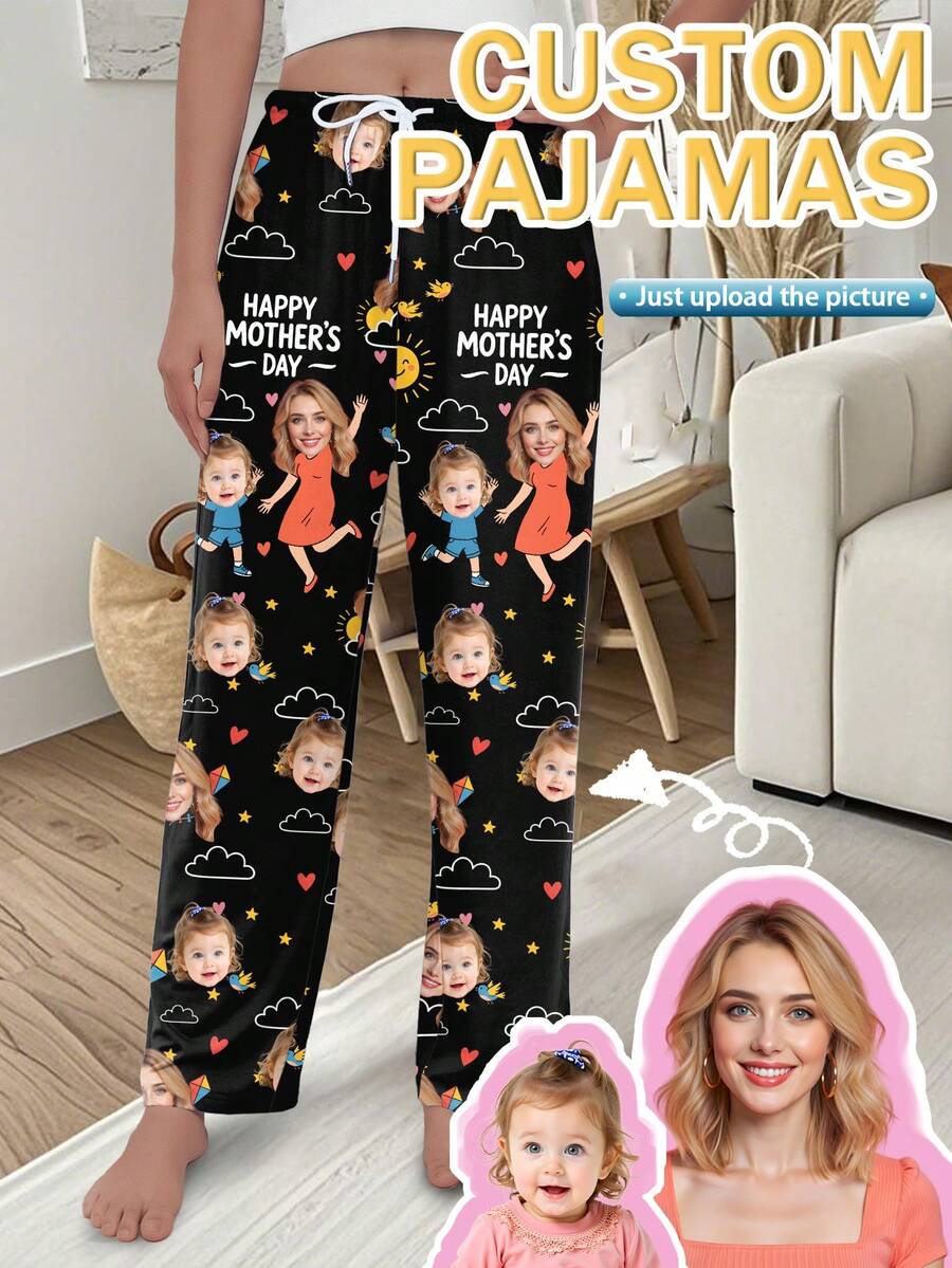 Customized Women's Face & Pet Print Pajama Pants, Comfortable Home Wear, Holiday Atmosphere, Mother's Day Gift - Multicolor - View 1