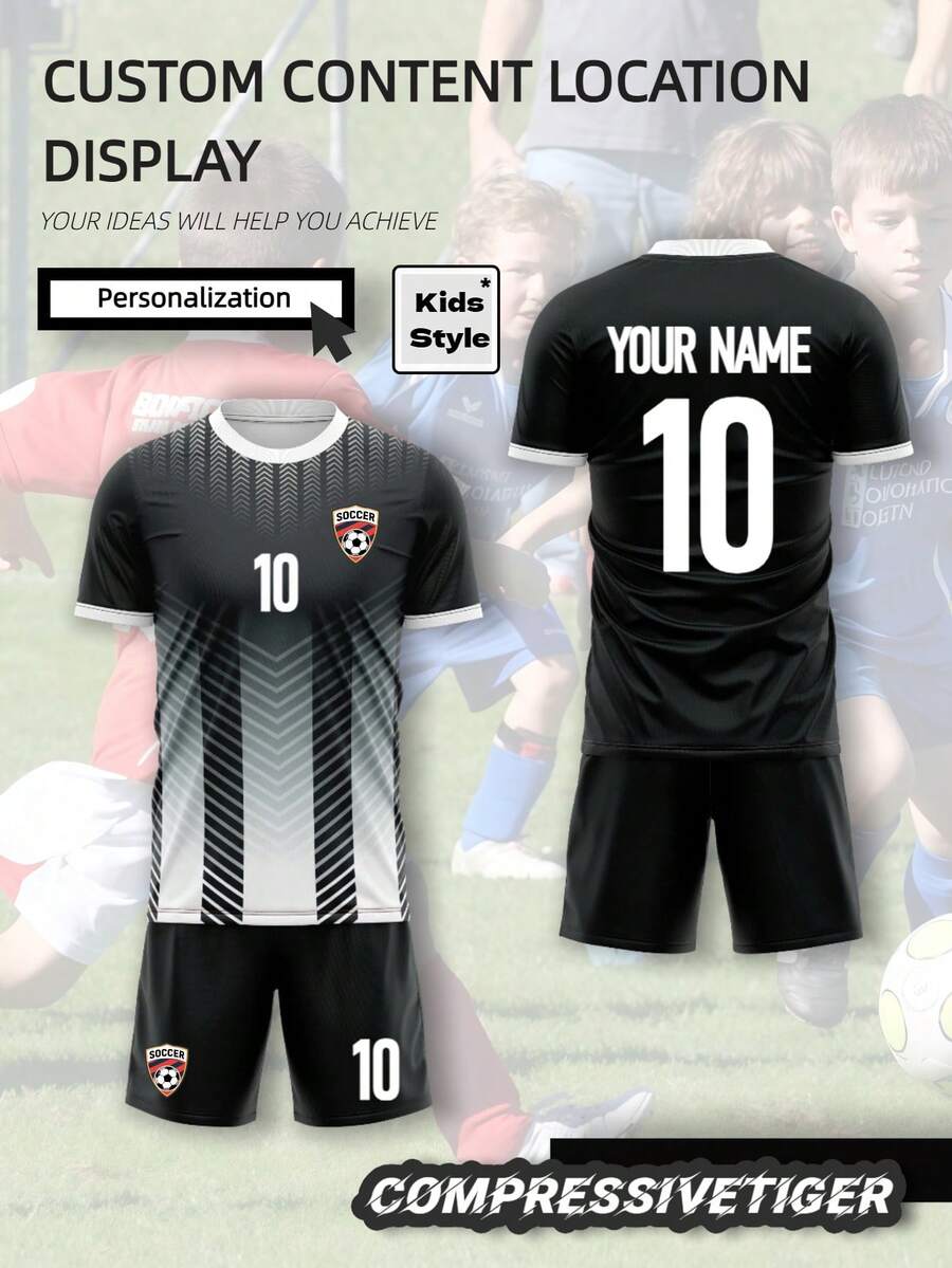 Set Perlengkapan Sepak Bola 2 Potong yang Dipersonalisasi untuk Anak Laki-Laki - Kaos Lengan Pendek Bergaris dengan Nama dan Nomor yang Dapat Disesuaikan + Celana Pendek, Set Pakaian Olahraga Cepat Kering dan Menyerap Keringat, Cocok Sebagai Hadiah Sepak Bola - Hitam - View 1