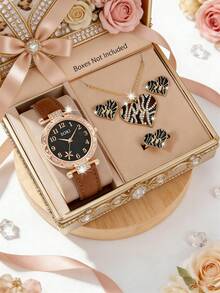 Women's Watch, 1 Set, Fashionable, Casual, Round Dial Quartz Women's Watch Set, Leopard-Print Necklace, Earrings, And Ring Jewelry Set, Suitable For Everyday Wear, Birthday Gifts, Back-To-School Season, Thanksgiving, Couple's Occasions, Best Gift (Box Not Included) - Brown - View 1