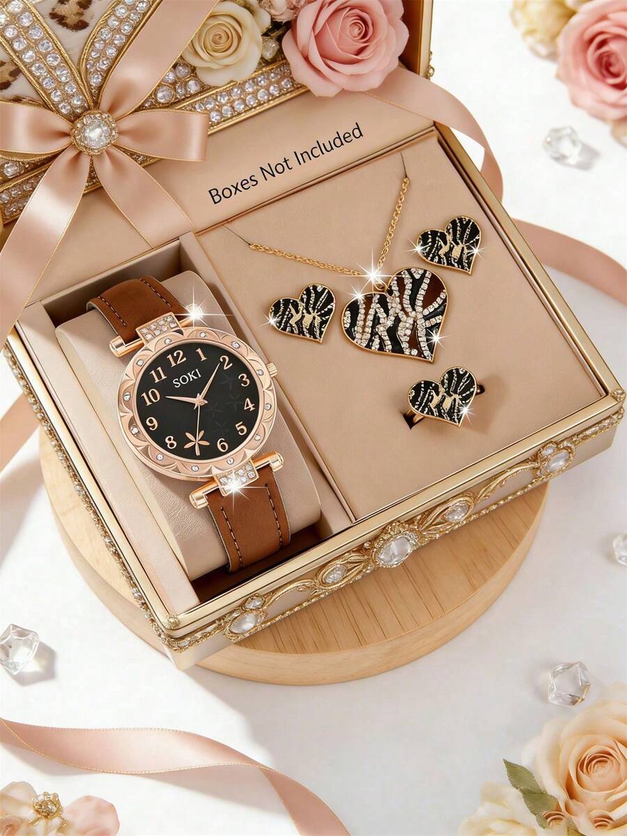 Women's Watch, 1 Set, Fashionable, Casual, Round Dial Quartz Women's Watch Set, Leopard-Print Necklace, Earrings, And Ring Jewelry Set, Suitable For Everyday Wear, Birthday Gifts, Back-To-School Season, Thanksgiving, Couple's Occasions, Best Gift (Box Not Included) - Brown - View 1