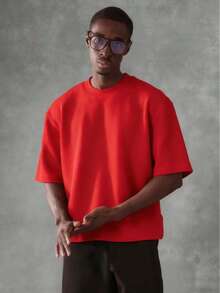 Oversized Boxy Cut Short Sleeve Jersey T Shirt Casual Crop Fit Streetwear Modern Minimalist All Season Essential Top-Comfortable Retro Cotton T-Shirt-K91-Unisex Casual Vintage Street-Style Loose-Fit Cotton T-Shirt Top - 紅色 - 查看 1