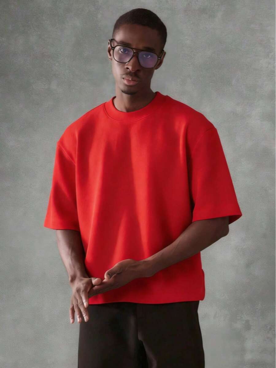 Oversized Boxy Cut Short Sleeve Jersey T Shirt Casual Crop Fit Streetwear Modern Minimalist All Season Essential Top-Comfortable Retro Cotton T-Shirt-K91-Unisex Casual Vintage Street-Style Loose-Fit Cotton T-Shirt Top - 紅色 - 查看 1