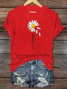 Women's Round Neck Casual Fashion T-Shirt Top Graphic Tees Fashionable Women's Sport Series With Broken Daisy Pattern Letter Print Casual Round Neck Short Sleeve T-Shirt Cotton Print Sporty Spring Summer Clothing - Đỏ - Xem 1
