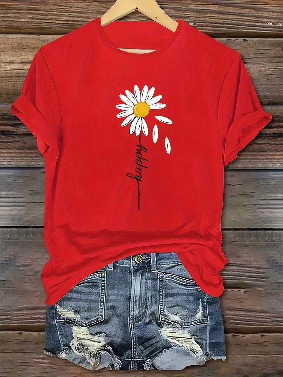 Women's Round Neck Casual Fashion T-Shirt Top Graphic Tees Fashionable Women's Sport Series With Broken Daisy Pattern Letter Print Casual Round Neck Short Sleeve T-Shirt Cotton Print Sporty Spring Summer Clothing - Đỏ - Xem 1