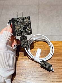 复古奢华金色花朵充电线收纳保护套，兼容 15 Pro Max、17 Pro Max、16 Pro Max、11、12、13、14 Pro Max，时尚美观 - 黑色 - 查看 2