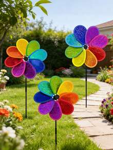 2pcs Rainbow Plastic Outdoor Garden Decor Windmill, Suitable For Spring Garden Decoration, Outdoor Lawn Decor, Colorful Rotating Windmill, Patio And Garden Decoration - Windmill - View 8