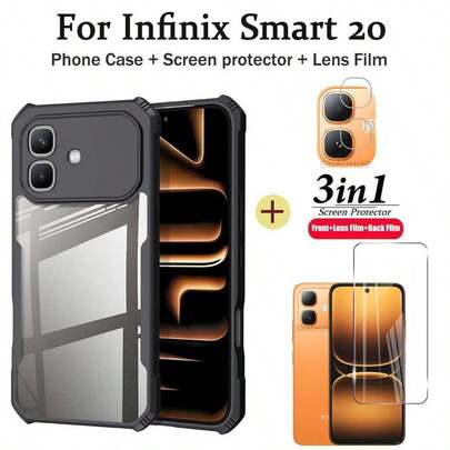 3in1 For Smart 20 Phone Case Heavy Duty Clear Acrylic Shockproof For Smart 20 Soft Case + Tempered Glass Screen Protector Film + Lens Film