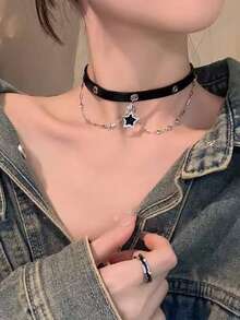 1 buah Kalung Choker Bintang Vintage Premium dengan Tampilan Usang, Rantai Tulang Selangka Gaya Punk Gelap untuk Wanita, Cocok untuk Pemakaian Sehari-hari - Perak - View 3