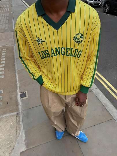 WAIT HIM Men's Casual Colorblock Striped Letter Print Long Sleeve Polo Shirt, Autumn