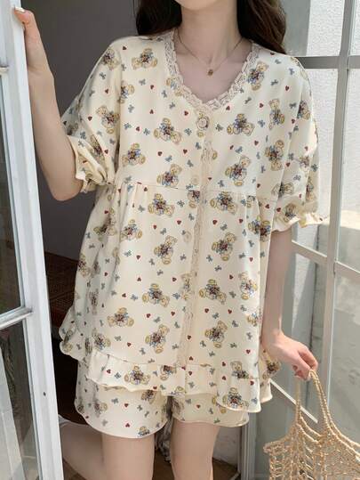 2pcs/Set New Spring/Summer V-Neck Cardigan Casual Loose Pajama Set, Cute Bear Print Short Sleeve Shorts Loungewear, Comfortable Casual Style, Easy Care Fabric