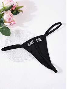 1 chiếc quần lót dây mảnh khoét rỗng đính đá hình chữ cái, đồ lót gợi cảm cạp thấp. - màu đen - Xem 4