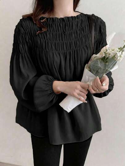 Korean Chic Sweet Unique Elegant Chiffon Blouse With Puff Sleeves, Round Neck, Ruffle Design, Autumn Spring Black