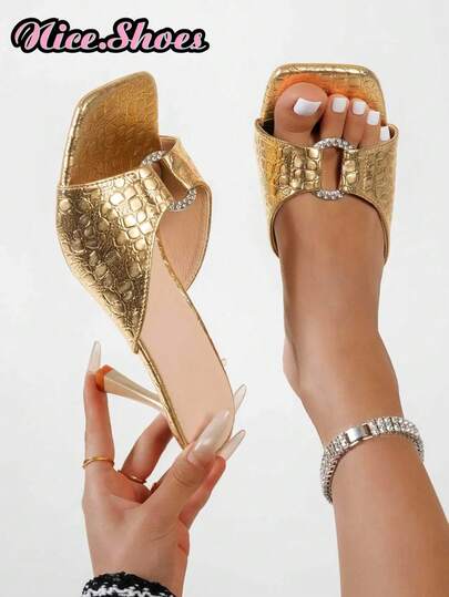 Giày cao gót mũi vuông đính đá và khóa cài dành cho nữ, kiểu dáng sang trọng, phù hợp cho đi làm hàng ngày, hẹn hò, dự tiệc, mua sắm - Giày cao gót mũi vuông đính đá và khóa cài màu đen, Giày cao gót mũi vuông đính đá và khóa cài màu vàng, Giày cao gót mũi vuông đính đá và khóa cài màu trắng