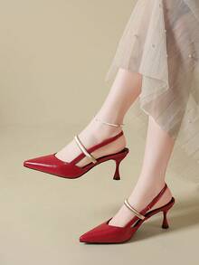 Tacones altos de punta fina con lazo de strass plateado, de tacón alto y delgado, de estilo slip-on - Rojo - Ver 16