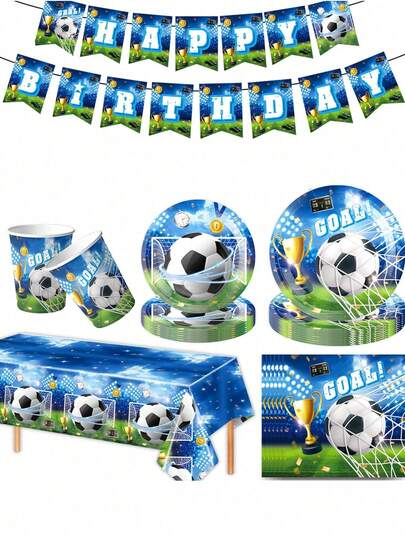 1 Set di stoviglie da calcio, include piatti da pranzo, piatti da dessert, bicchieri di carta e tovaglioli. Insieme a una tovaglia e uno striscione, rende questo set perfetto per feste, campeggio, picnic, barbecue in giardino, matrimoni e compleanni. Regalo.