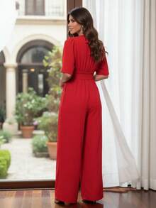 3/4 Length Pantaloon Jumpsuit With Belt Birthday Party Guest - Đỏ - Xem 2