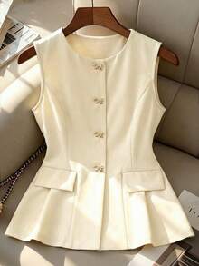 Chaleco de punto elegante para mujer - Beige, cuello redondo, detalle de lazo con botón, bajo con volante, ajuste ceñido, alta elasticidad para verano - Albaricoque - Ver 2