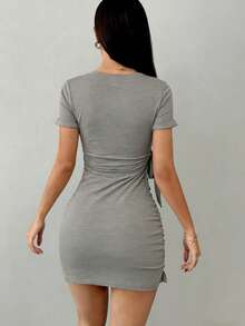 Women's Elegant Short Sleeve A-Line Knit Mini Dress, Asymmetric Hem, Round Neck Design, High Elasticity, Showcasing Sexy Casual Dress Style - Grey - View 5