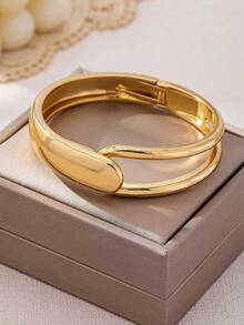 3pcs/1set Minimalist Gold-Tone Geometric Hollow Asymmetrical Water Drop Thick Textured Bangle Set, Suitable For Women, Solid Metal & Zinc Alloy Material - Yellow Gold - View 9