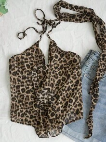 Sexy Leopard Print Spaghetti Strap Camisole Top, Fitted Cropped Revealing Blouse For Summer - Leopard Print - View 7