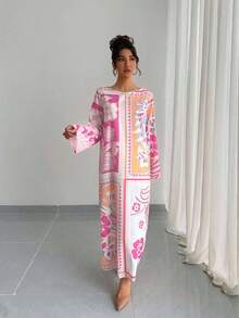 1pc Women's Luxury Round Neck Flounce Sleeve Loose Casual Lightweight Breathable Everyday Robe, Vacation Style, Elegant Evening Gown, Traditional Arabic Festival Dress - Pink - View 6