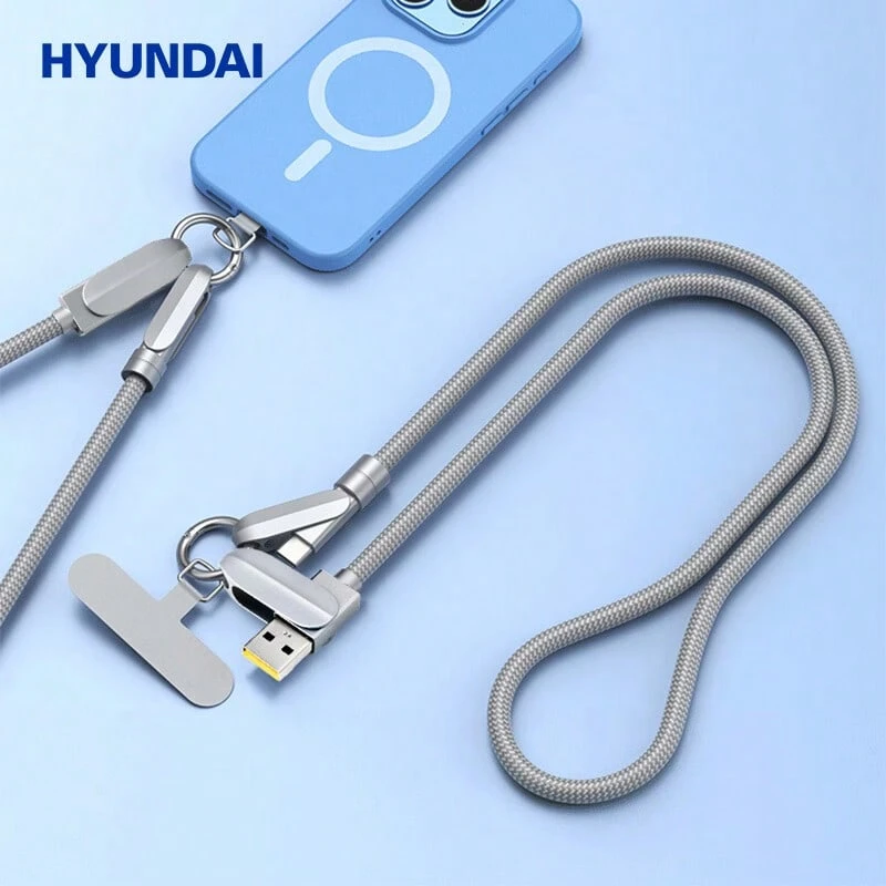 HYUNDAI Zinc Alloy Neckband Charging Cable, 100W Compatible With Apple/Android/Type-C Phones, High-Speed Charging Cable, Strong Tensile Strength, Portable Braided Lanyard Charging Cable. - Sky Gray 1.2m - View 1