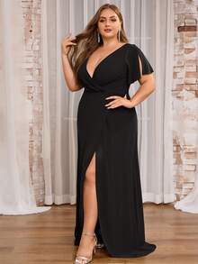 Váy phù dâu thanh lịch tay xẻ viền quấn Plus - màu đen - Xem 4