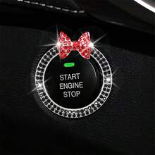 Bowknot Car Accessories, Pink Bow Rhinestone Start Button Ring, Black Engine Start Stop Button Ring Car Decor, Shiny Girl Ignition Decoration - Large Butterfly Knot Fire Ring - View 3