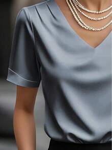 1 pieza Blusa de mujer de unicolor de satén con cuello en V y manga corta, elegante y de moda para uso diario, oficina, hogar, citas, primavera/verano, color negro casual - Gris - Ver 3