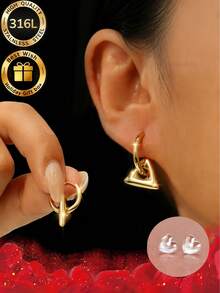 Two Pieces Set Of Simple Geometric Triangle Earrings+Thoughtful Ear Protection And Ear Care Needles, Suitable For Wearing New Ear Holes And Various Occasions And Festivals Such As Parties, Anniversaries, Birthdays, Etc., Equipped With High-Quality And Exquisite Gift Boxes - Gold - View 3