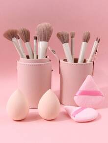 15Pcs Soft Makeup Brushes Set With Sponges, Puffs & Cup For Face & Eye Makeup - Apricot - View 5